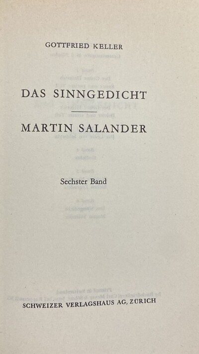 Das sinngedicht: Martin salander, Sechster Band / Tapa Dura